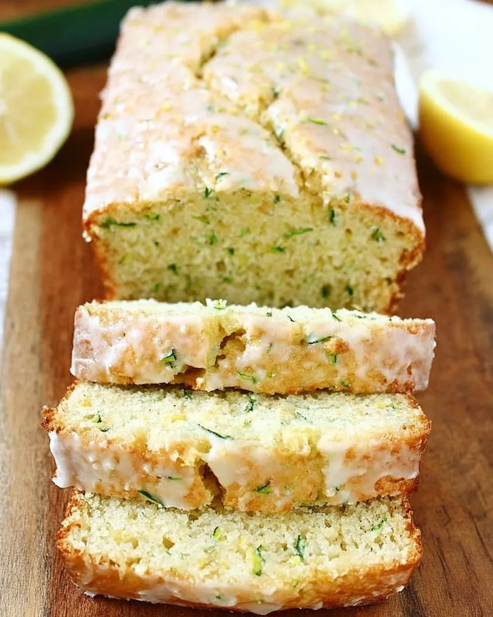 Sliced lemon zucchini bread with a golden crust and lemon glaze on top