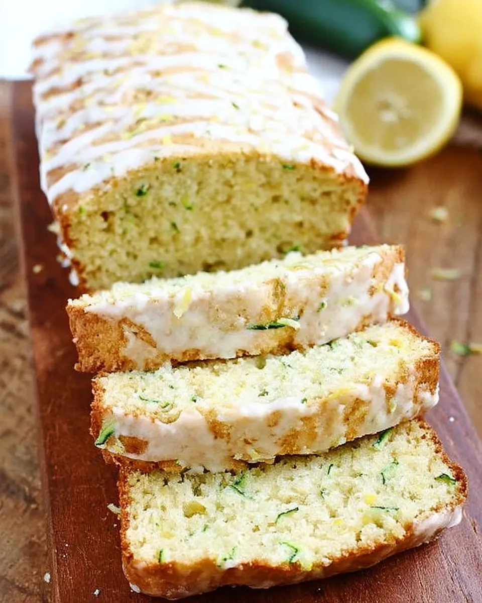 Sliced lemon zucchini bread with a golden crust and lemon glaze on top