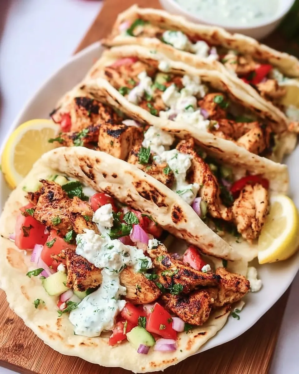 Soft pita tacos filled with grilled Mediterranean chicken, cucumber-tomato salad, tzatziki sauce, and fresh herbs on a white plate.