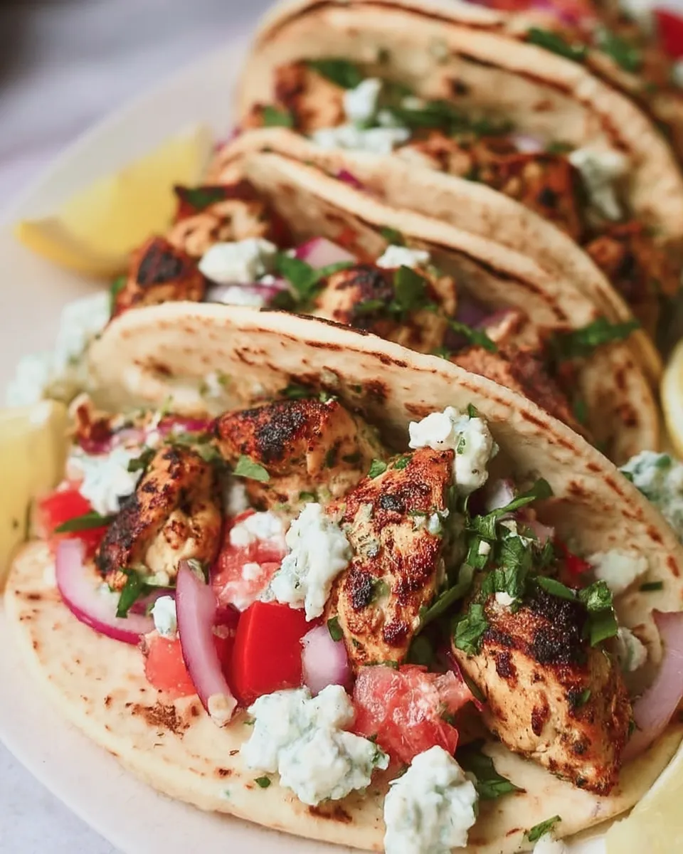 Soft pita tacos filled with grilled Mediterranean chicken, cucumber-tomato salad, tzatziki sauce, and fresh herbs on a white plate.