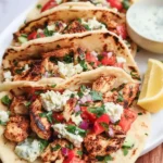 Soft pita tacos filled with grilled Mediterranean chicken, cucumber-tomato salad, tzatziki sauce, and fresh herbs on a white plate.