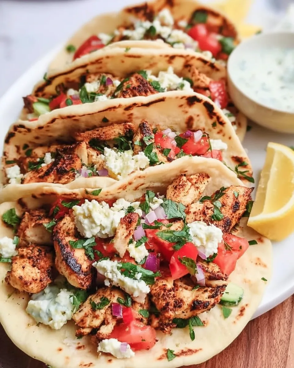 Soft pita tacos filled with grilled Mediterranean chicken, cucumber-tomato salad, tzatziki sauce, and fresh herbs on a white plate.