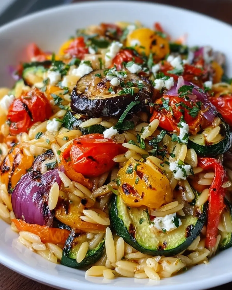 Colorful Mediterranean Orzo with Roasted Vegetables, garnished with fresh herbs and crumbled feta, served in a rustic ceramic bowl.