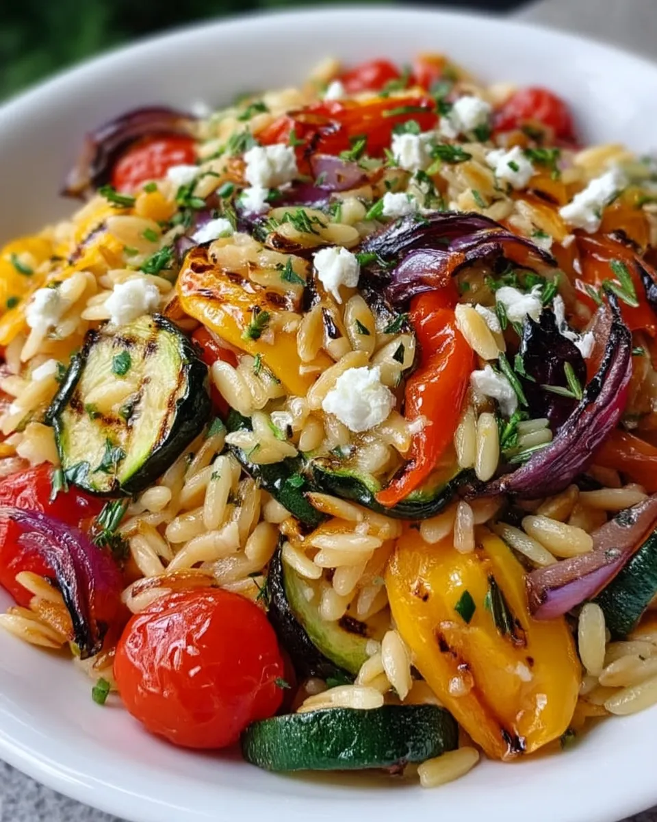 Colorful Mediterranean Orzo with Roasted Vegetables, garnished with fresh herbs and crumbled feta, served in a rustic ceramic bowl.