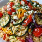 Colorful Mediterranean Orzo with Roasted Vegetables, garnished with fresh herbs and crumbled feta, served in a rustic ceramic bowl.