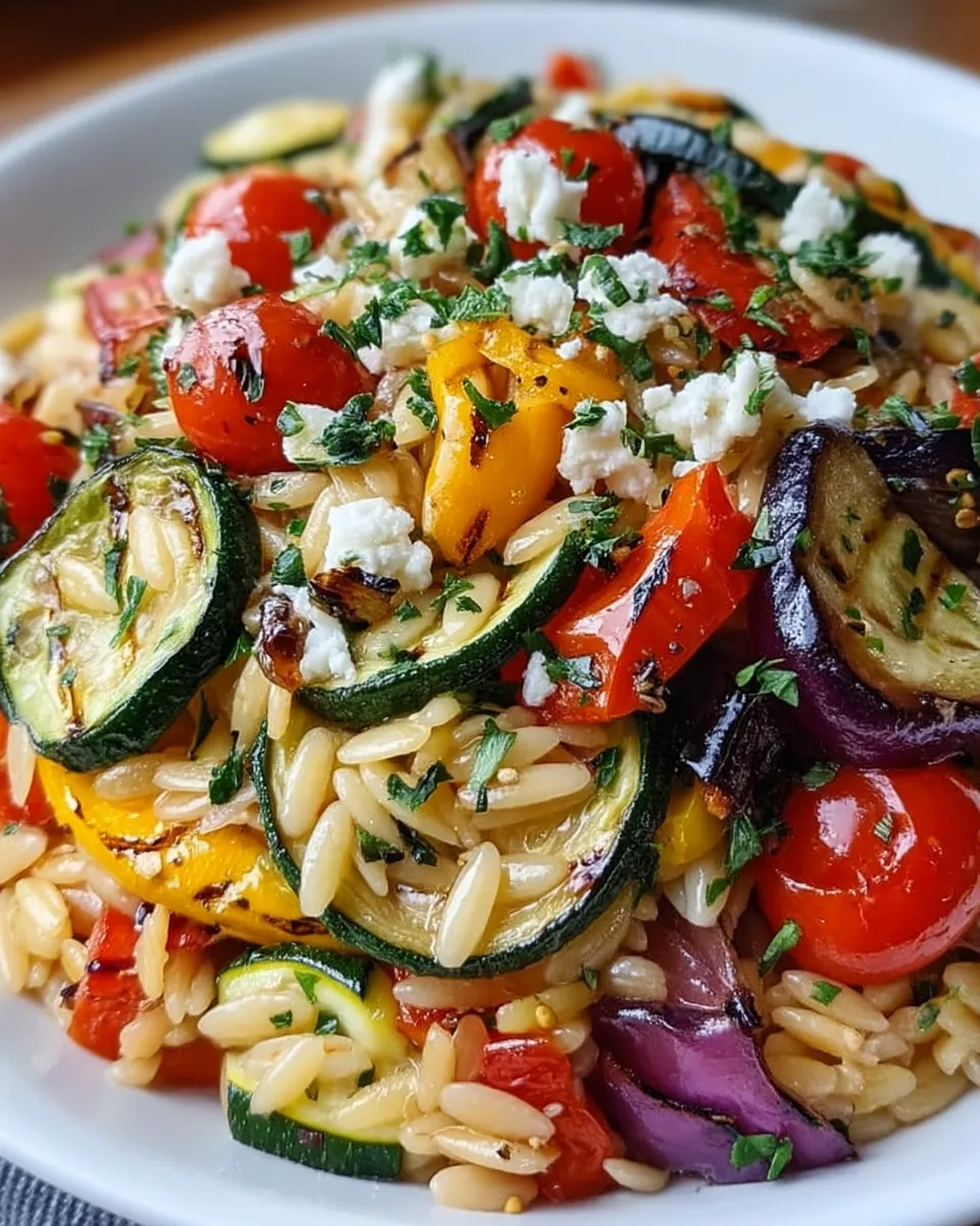 Colorful Mediterranean Orzo with Roasted Vegetables, garnished with fresh herbs and crumbled feta, served in a rustic ceramic bowl.