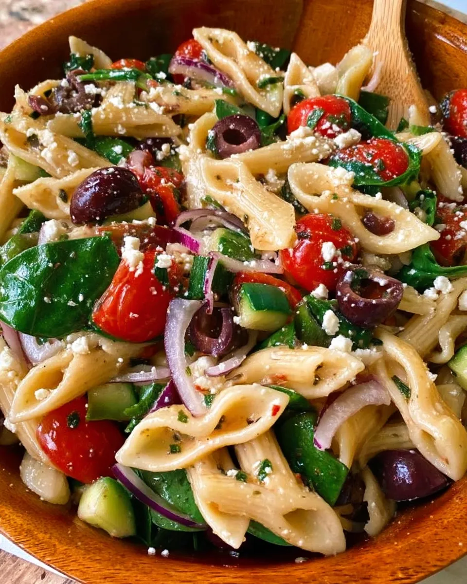 A vibrant Mediterranean Pasta Salad with rotini pasta, cherry tomatoes, cucumber, red onion, Kalamata olives, and feta cheese, tossed in a light herb vinaigrette, served in a white bowl.

