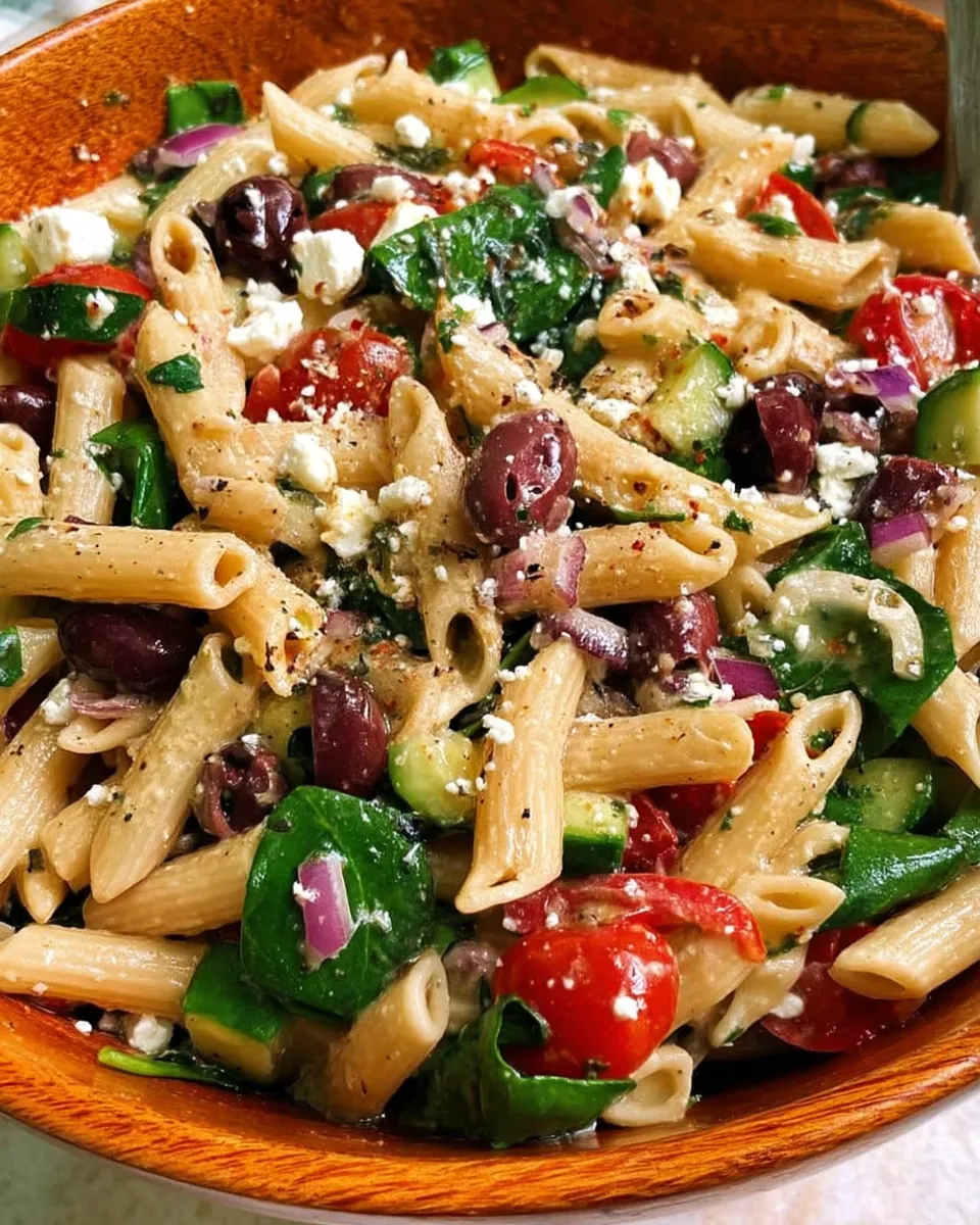 A vibrant Mediterranean Pasta Salad with rotini pasta, cherry tomatoes, cucumber, red onion, Kalamata olives, and feta cheese, tossed in a light herb vinaigrette, served in a white bowl.


