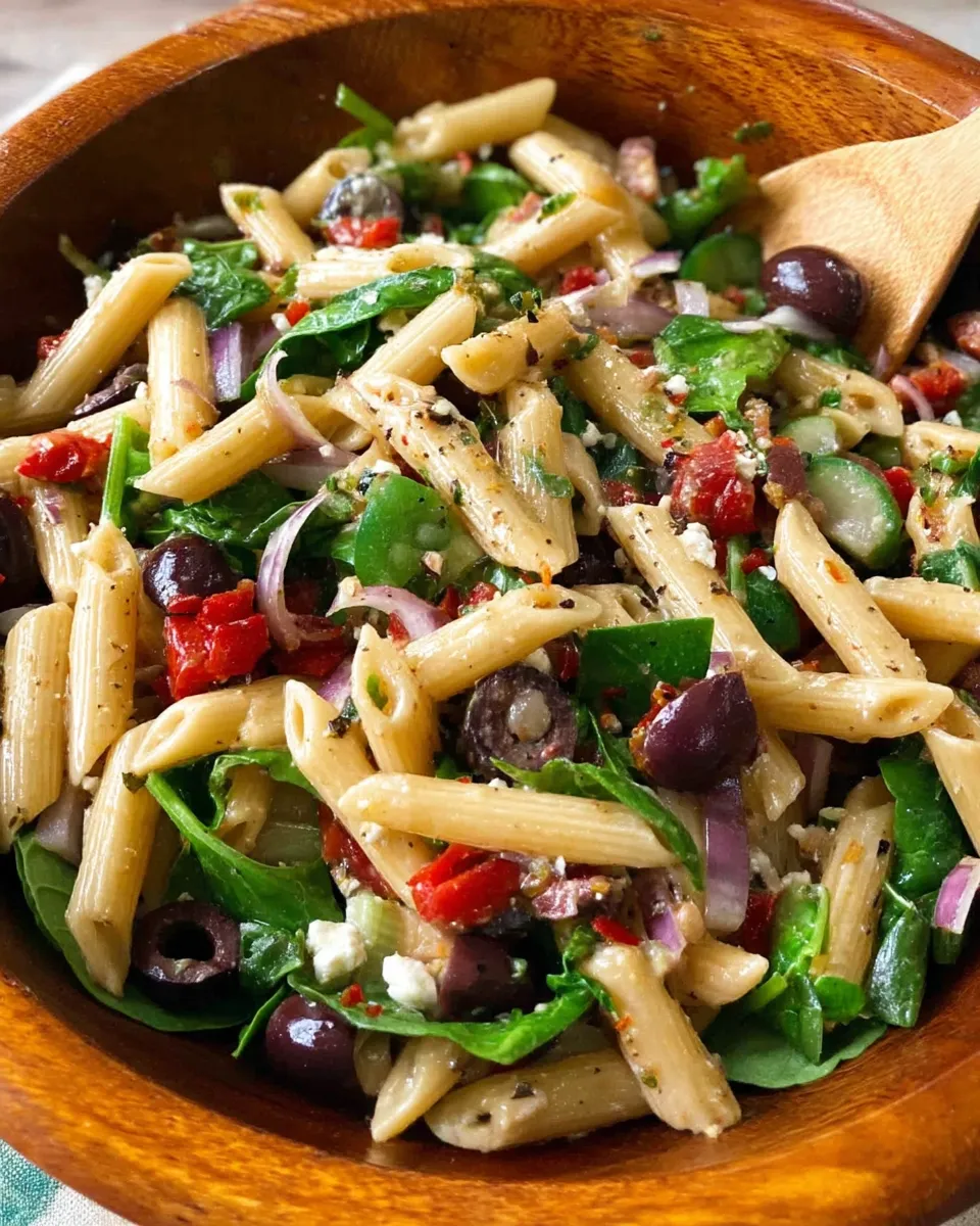 A vibrant Mediterranean Pasta Salad with rotini pasta, cherry tomatoes, cucumber, red onion, Kalamata olives, and feta cheese, tossed in a light herb vinaigrette, served in a white bowl.