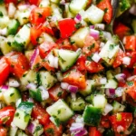Fresh Mediterranean salad with cucumber, tomato, and red onion slices, garnished with parsley and drizzled with olive oil in a white bowl.