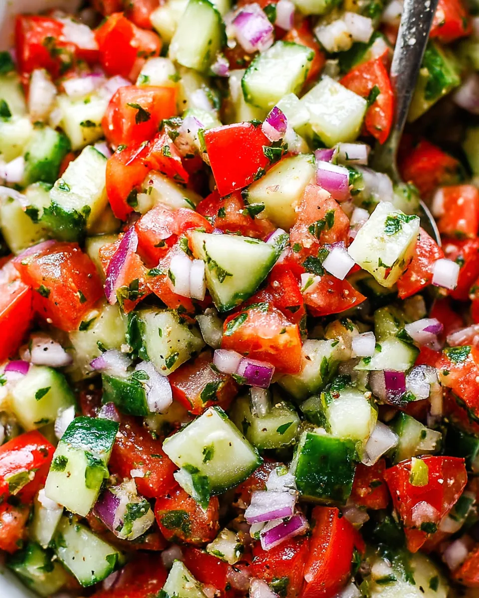 Fresh Mediterranean salad with cucumber, tomato, and red onion slices, garnished with parsley and drizzled with olive oil in a white bowl.