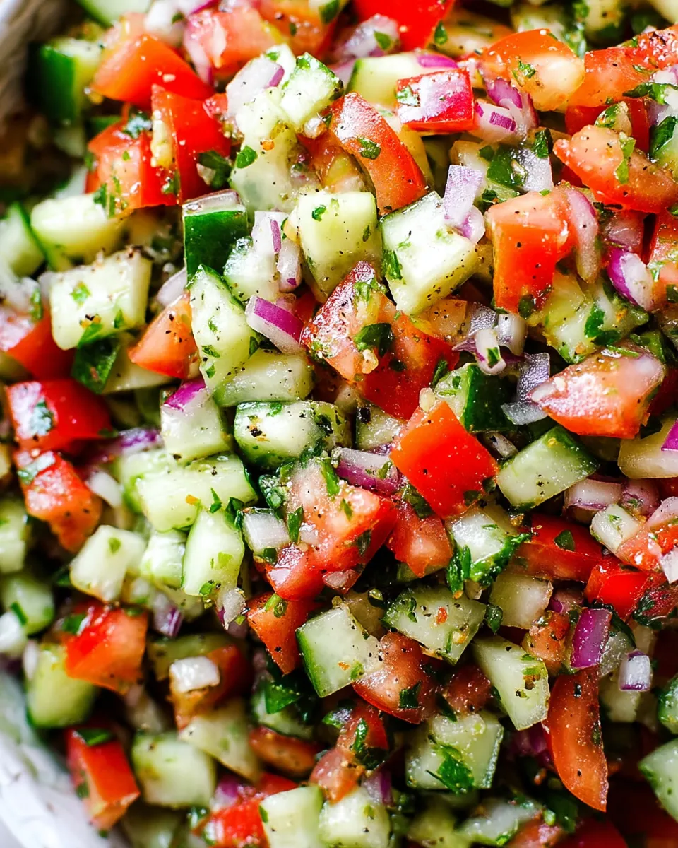 Fresh Mediterranean salad with cucumber, tomato, and red onion slices, garnished with parsley and drizzled with olive oil in a white bowl.