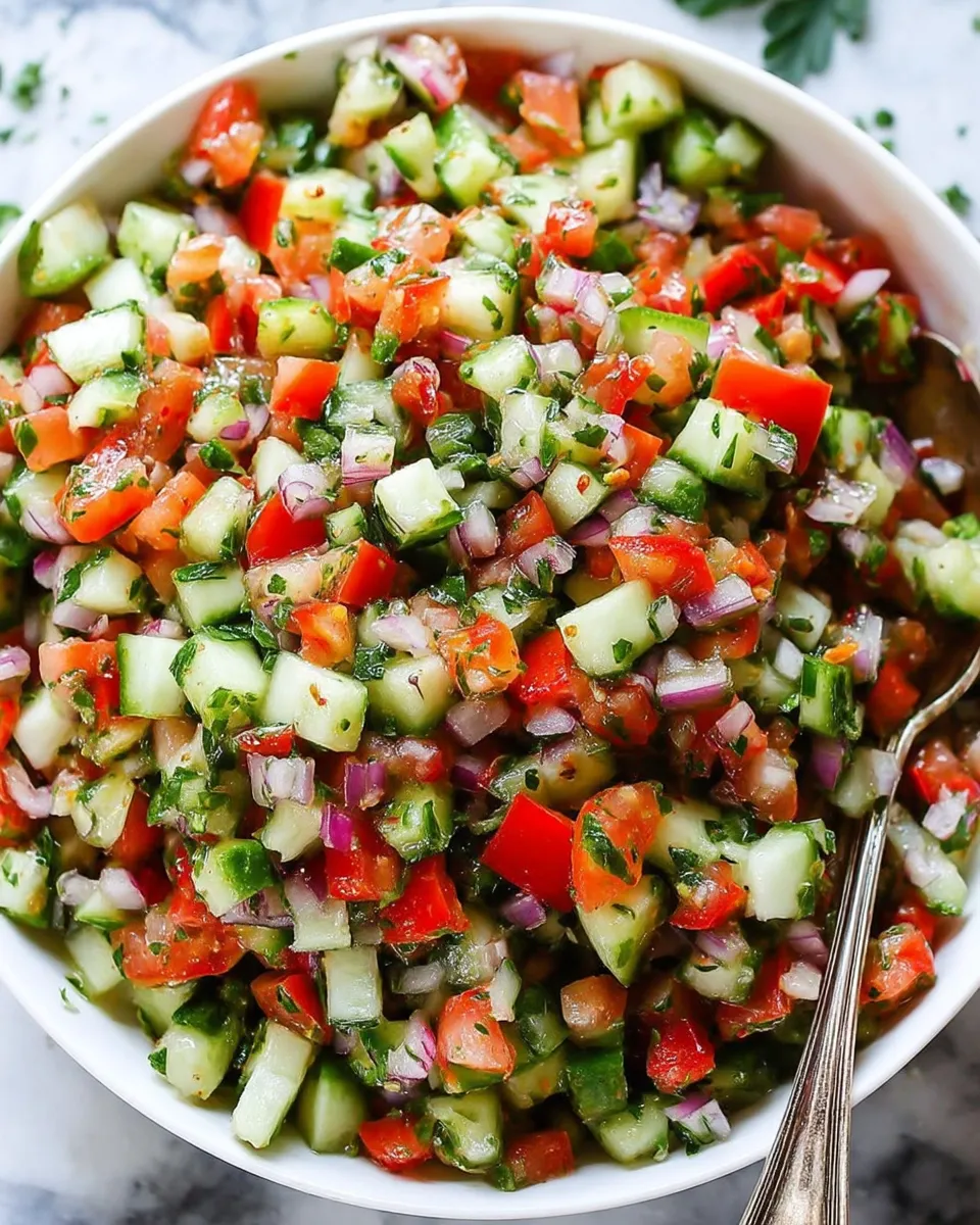 Fresh Mediterranean salad with cucumber, tomato, and red onion slices, garnished with parsley and drizzled with olive oil in a white bowl.