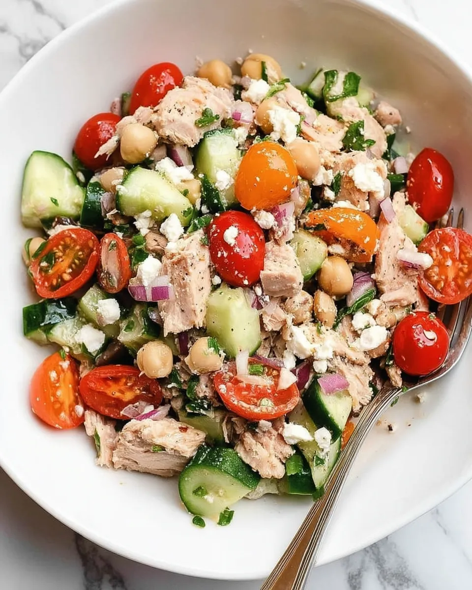 Mediterranean tuna salad with cherry tomatoes, cucumbers, olives, red onions, and herbs in a white bowl, drizzled with olive oil.