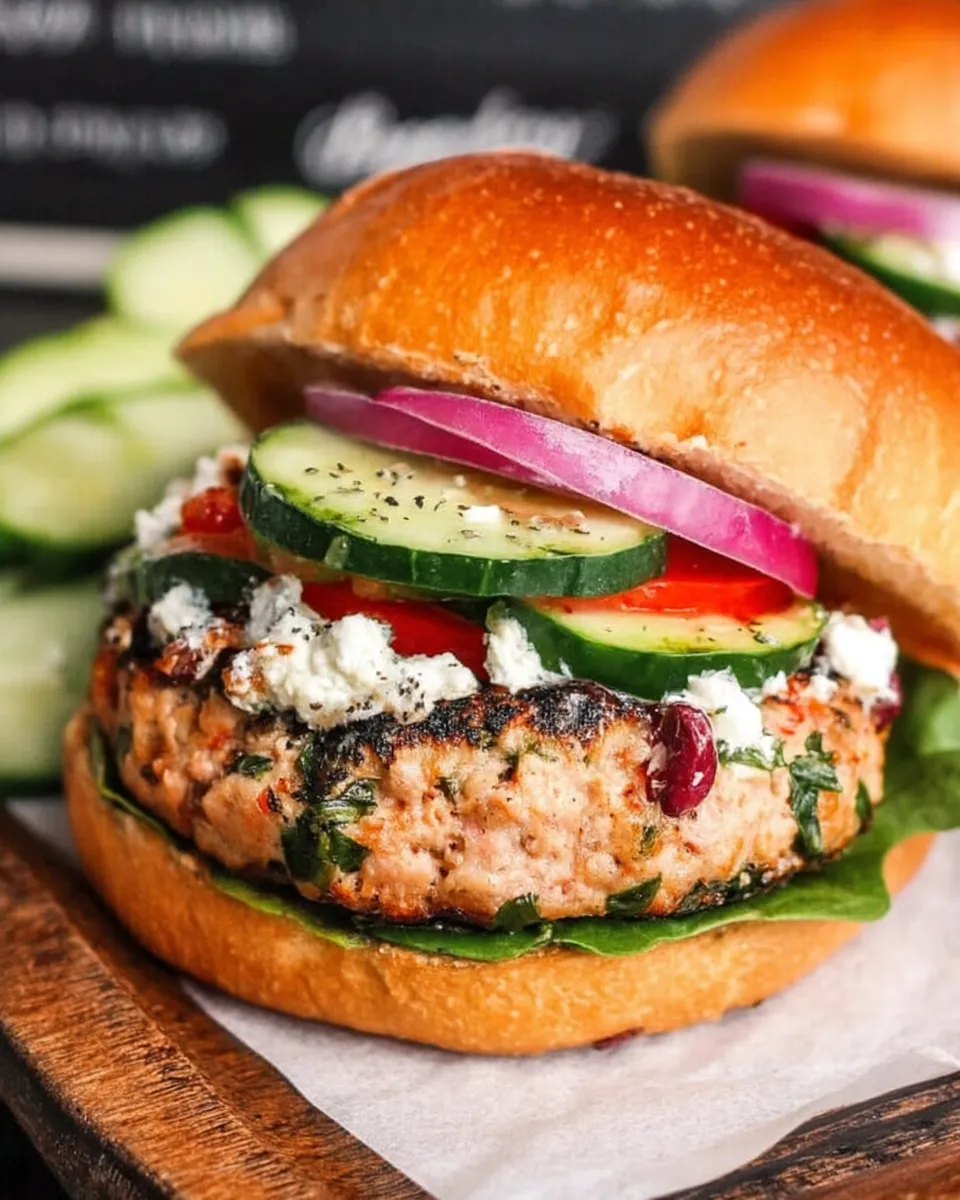 Juicy Mediterranean turkey burgers served on toasted buns with lettuce, tomato, red onion, and creamy tzatziki sauce on a white plate.