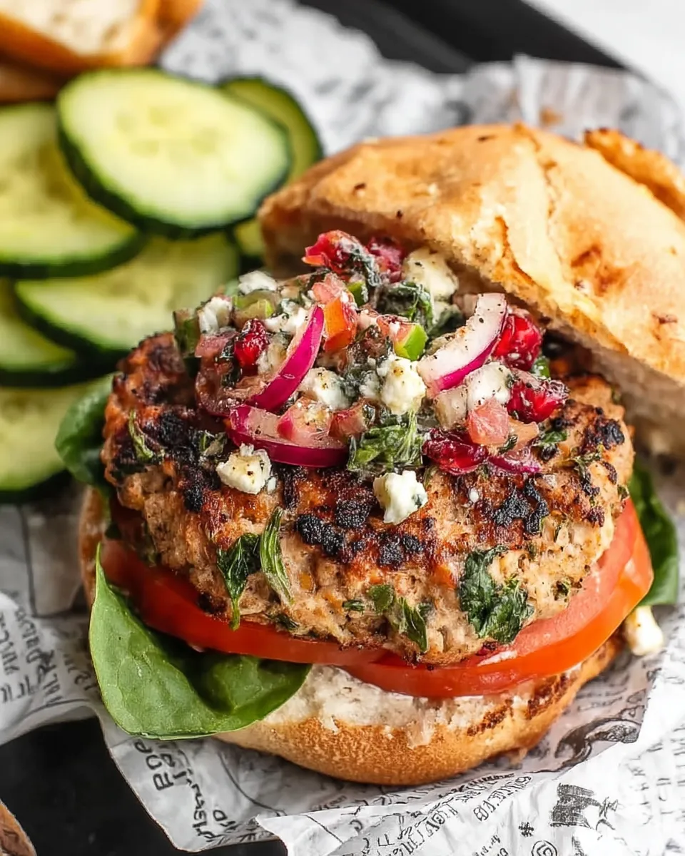 Juicy Mediterranean turkey burgers served on toasted buns with lettuce, tomato, red onion, and creamy tzatziki sauce on a white plate.