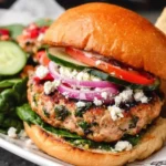 Juicy Mediterranean turkey burgers served on toasted buns with lettuce, tomato, red onion, and creamy tzatziki sauce on a white plate.