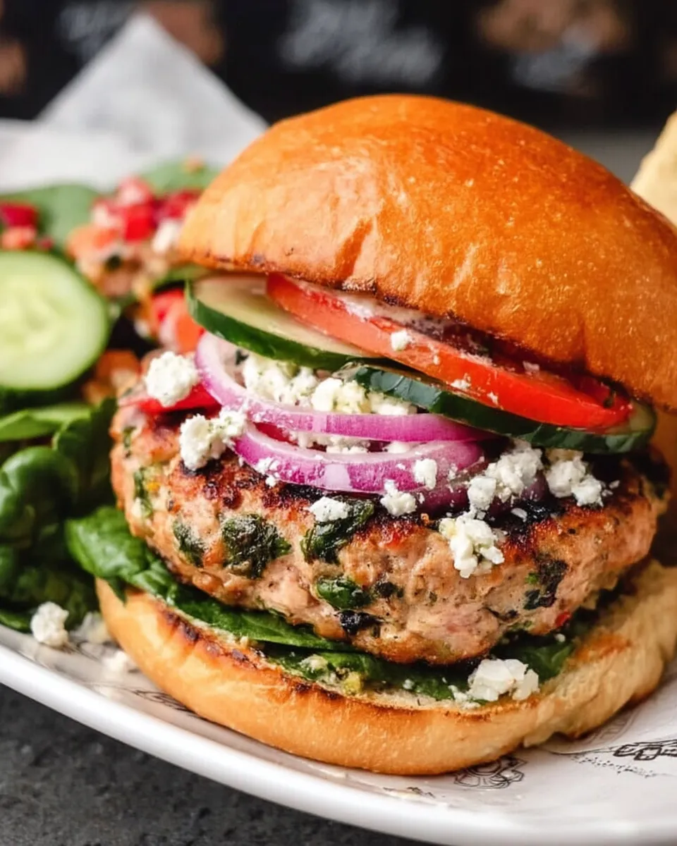 Juicy Mediterranean turkey burgers served on toasted buns with lettuce, tomato, red onion, and creamy tzatziki sauce on a white plate.