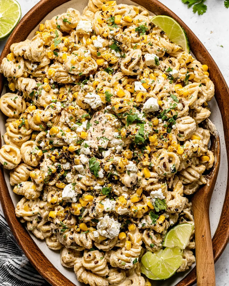 A colorful bowl of Mexican Street Corn Pasta Salad with charred corn, pasta, creamy dressing, cotija cheese, cilantro, and a sprinkle of chili powder.