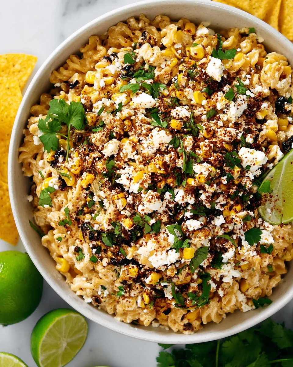 A colorful bowl of Mexican Street Corn Pasta Salad with charred corn, pasta, creamy dressing, cotija cheese, cilantro, and a sprinkle of chili powder.