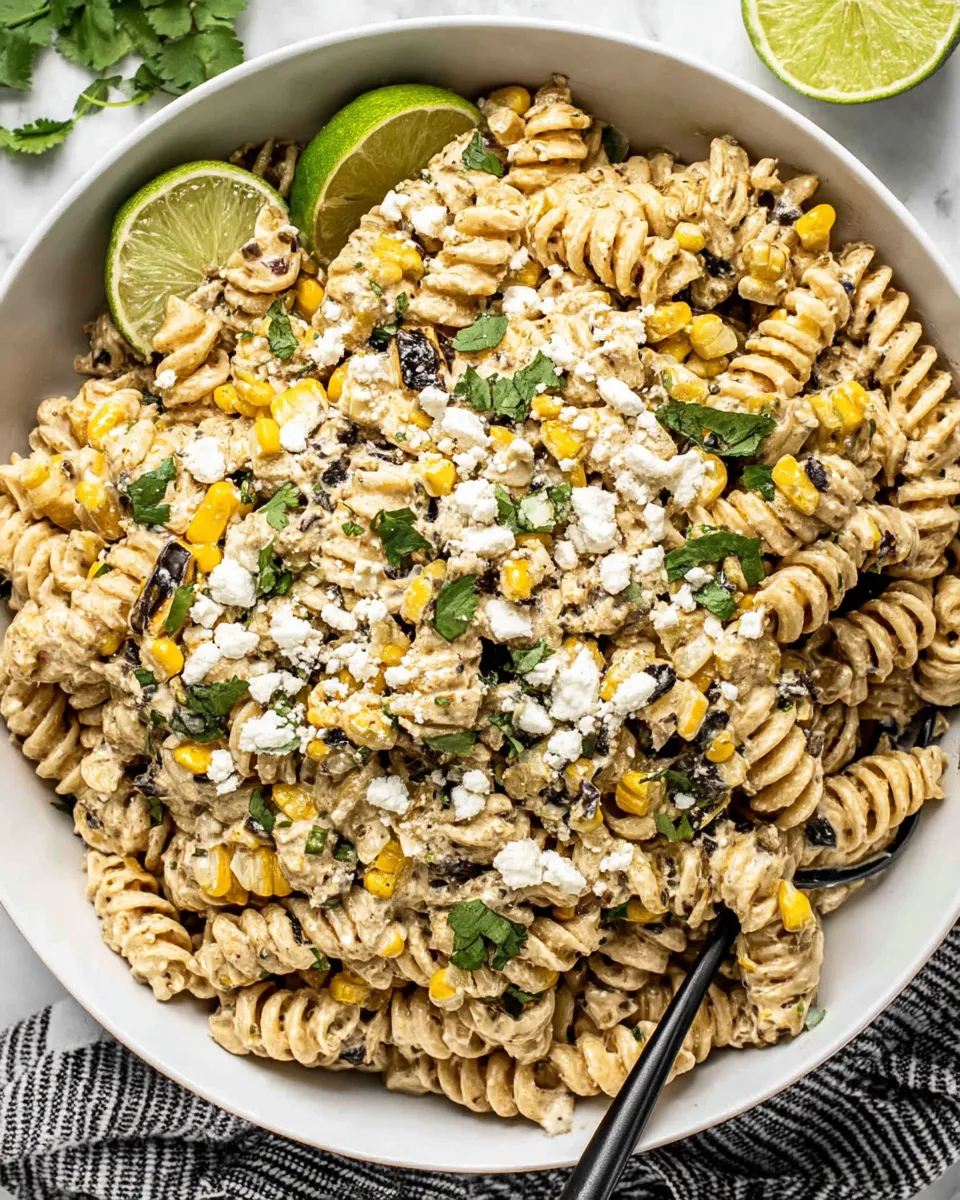 A colorful bowl of Mexican Street Corn Pasta Salad with charred corn, pasta, creamy dressing, cotija cheese, cilantro, and a sprinkle of chili powder.