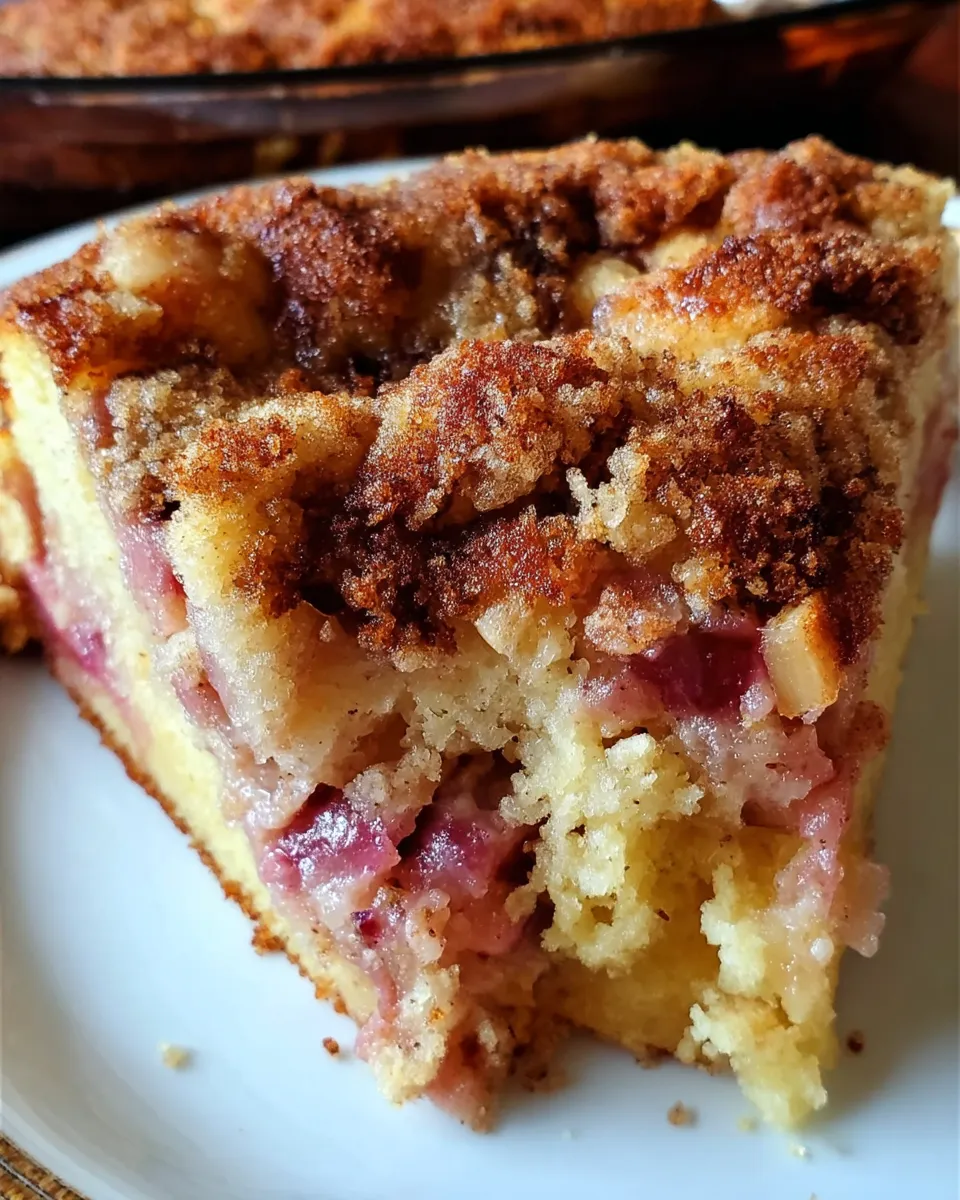 A slice of Oma’s Rhubarb Cake with a golden, fluffy crumb and tangy rhubarb pieces, lightly dusted with powdered sugar on a vintage plate. 