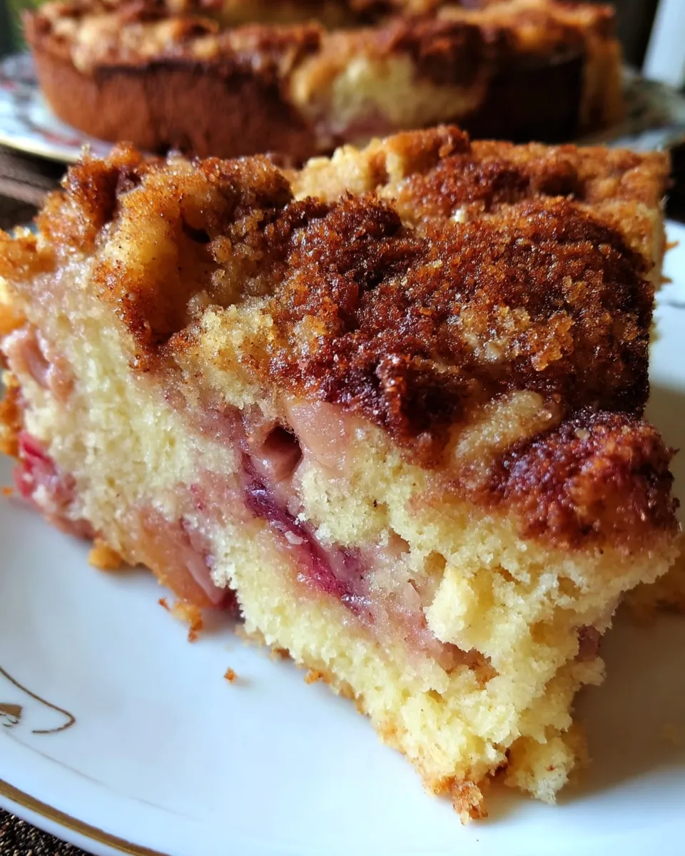 A slice of Oma’s Rhubarb Cake with a golden, fluffy crumb and tangy rhubarb pieces, lightly dusted with powdered sugar on a vintage plate. 