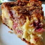 A slice of Oma’s Rhubarb Cake with a golden, fluffy crumb and tangy rhubarb pieces, lightly dusted with powdered sugar on a vintage plate.
