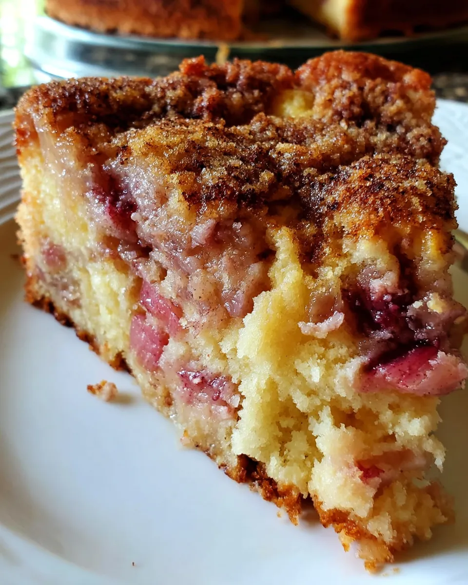 A slice of Oma’s Rhubarb Cake with a golden, fluffy crumb and tangy rhubarb pieces, lightly dusted with powdered sugar on a vintage plate.