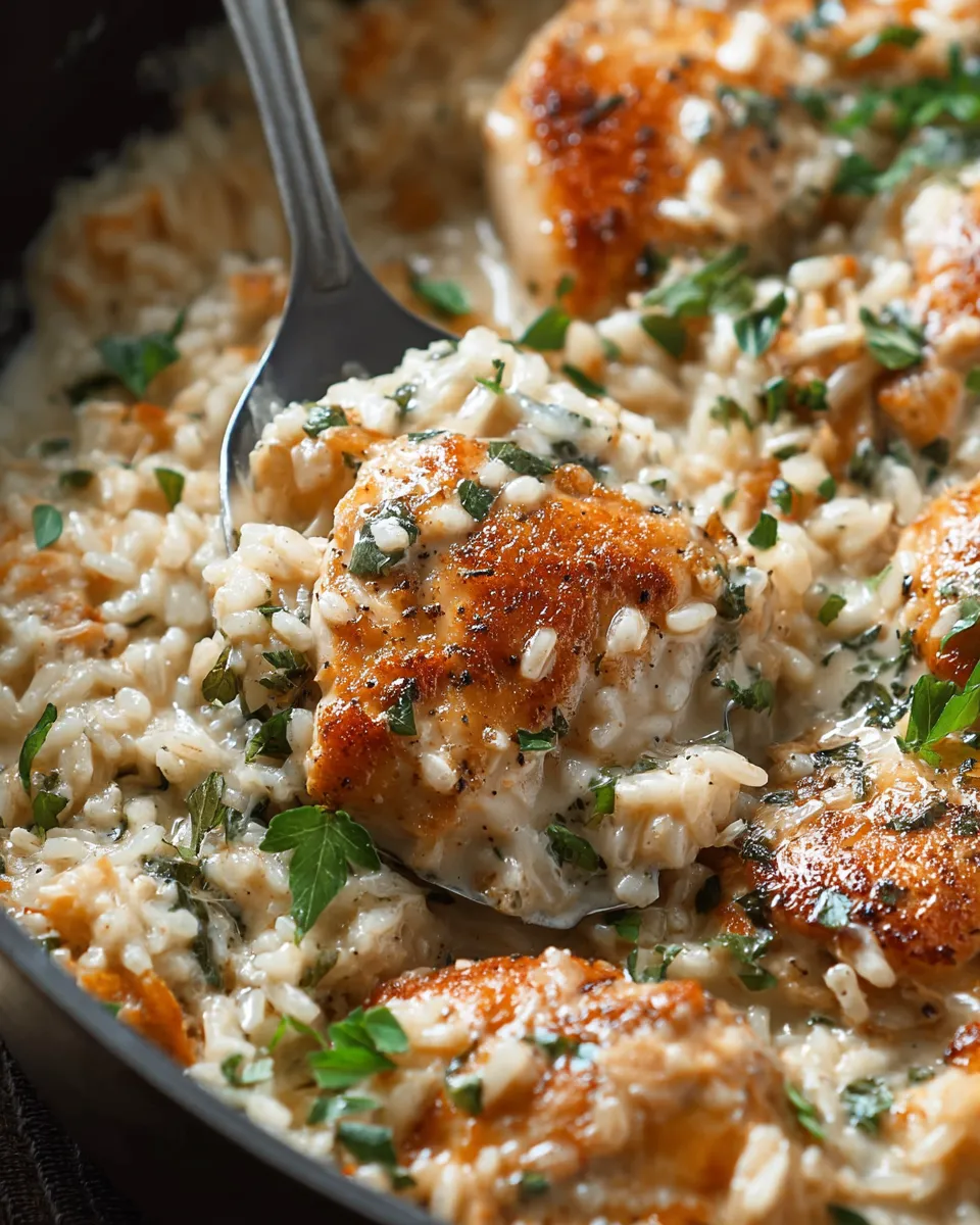 A hearty serving of One-Pan Creamy Parmesan Chicken & Rice in a skillet, featuring golden chicken breasts nestled in creamy rice with parmesan and herbs.