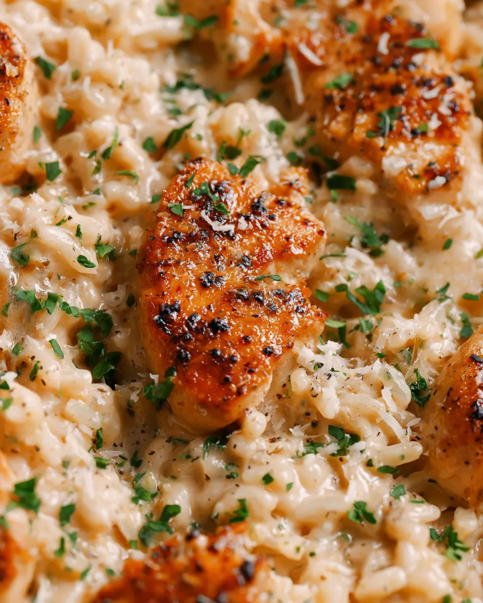 A hearty serving of One-Pan Creamy Parmesan Chicken & Rice in a skillet, featuring golden chicken breasts nestled in creamy rice with parmesan and herbs.