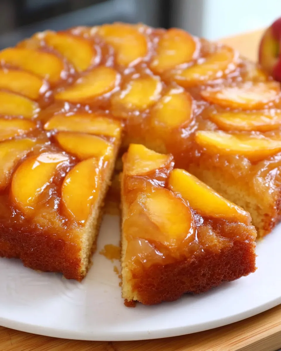 Golden, caramelized peach upside-down cake with peach slices arranged in a spiral on top of a moist, buttery cake. 