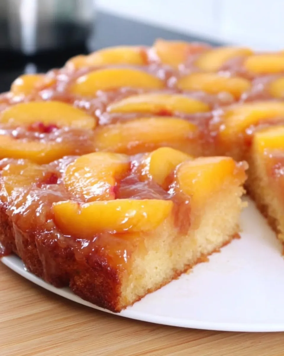 Golden, caramelized peach upside-down cake with peach slices arranged in a spiral on top of a moist, buttery cake. 