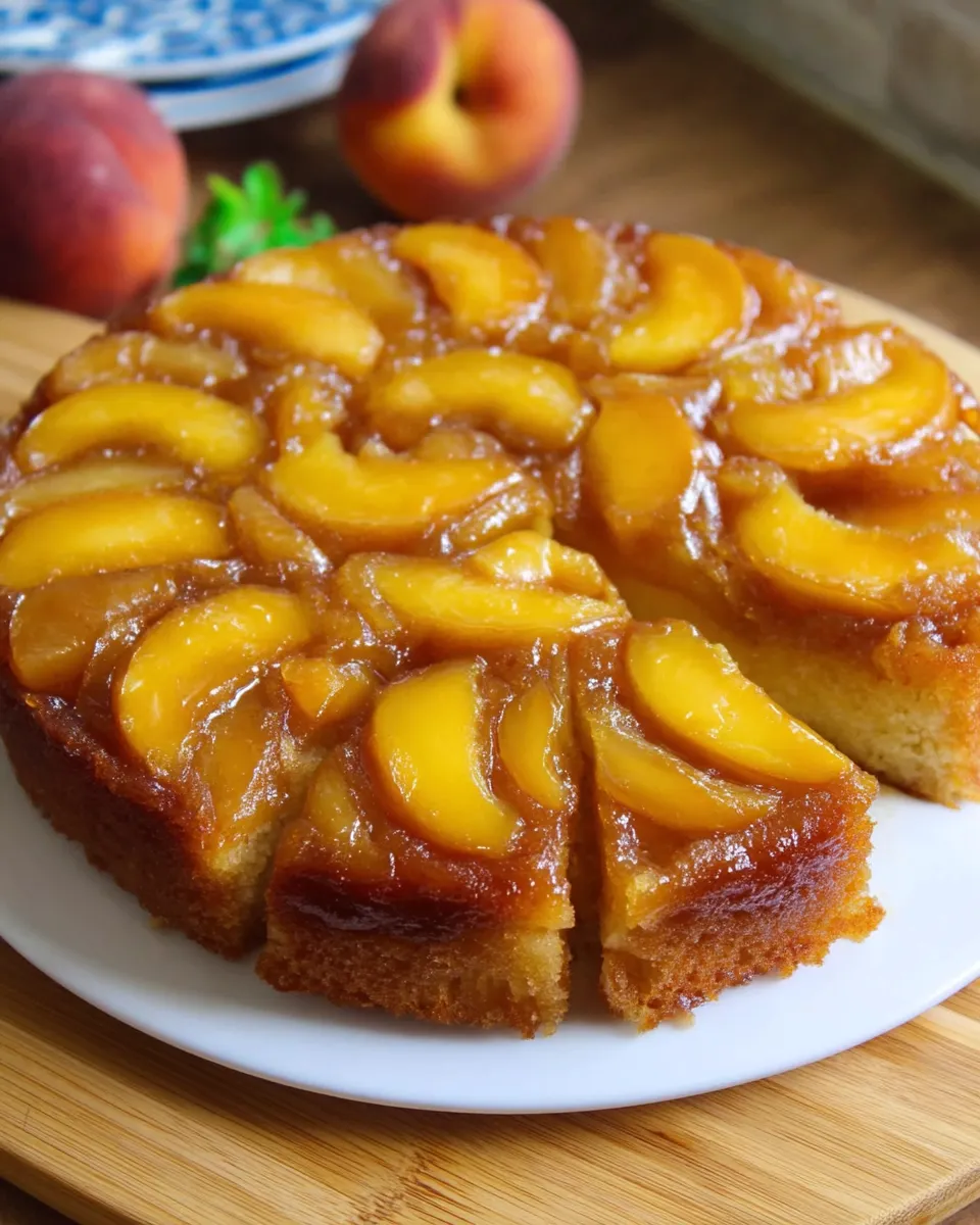 Golden, caramelized peach upside-down cake with peach slices arranged in a spiral on top of a moist, buttery cake.