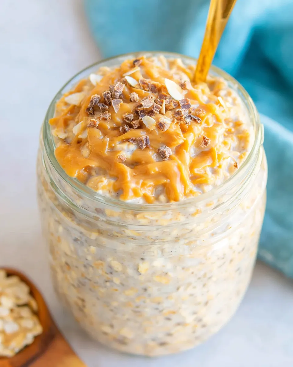 Creamy Peanut Butter Overnight Oats in a jar topped with banana slices and chia seeds
