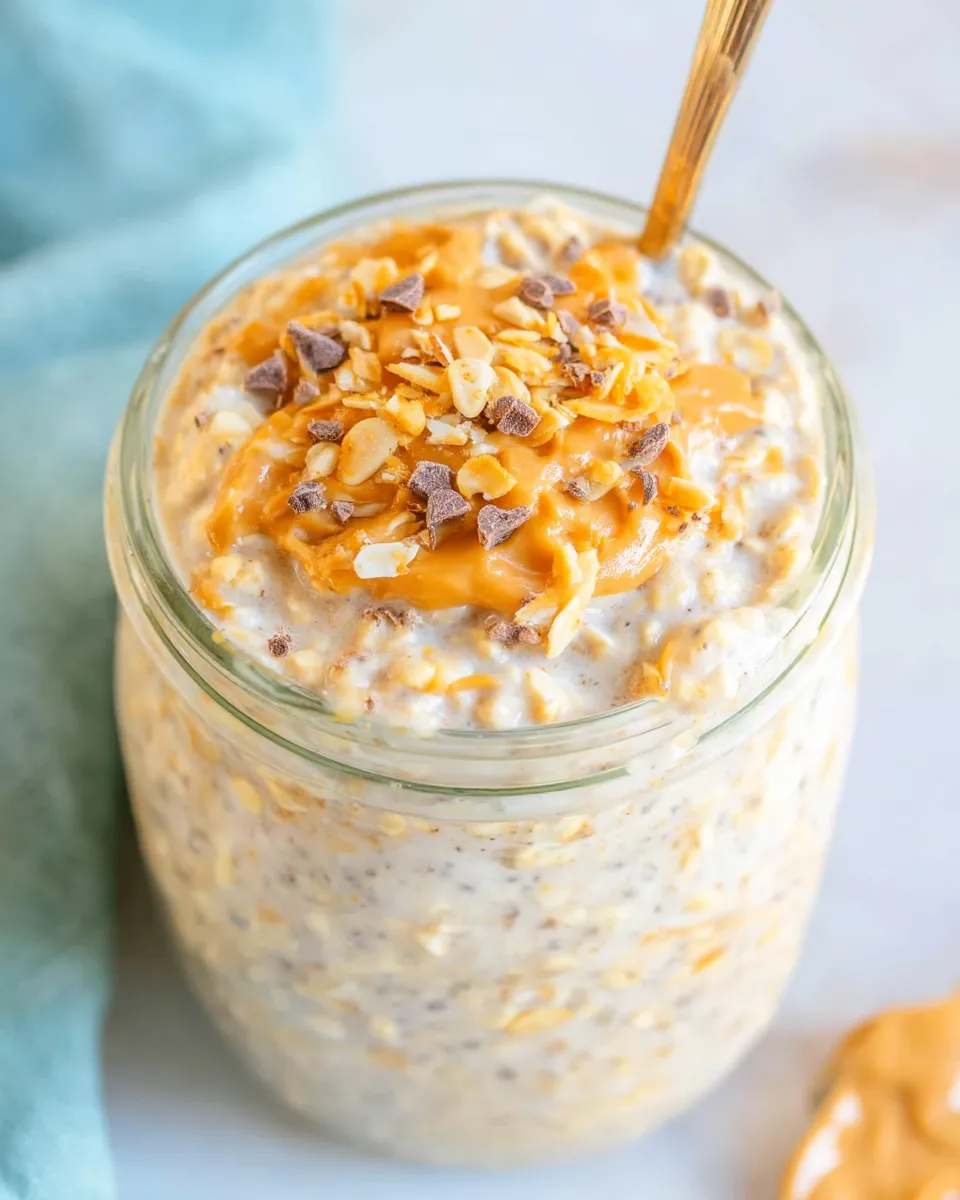 Creamy Peanut Butter Overnight Oats in a jar topped with banana slices and chia seeds