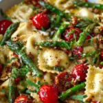Close-up of cheese ravioli tossed with blistered cherry tomatoes, tender asparagus, fresh herbs, and garlic in a light olive oil sauce.
