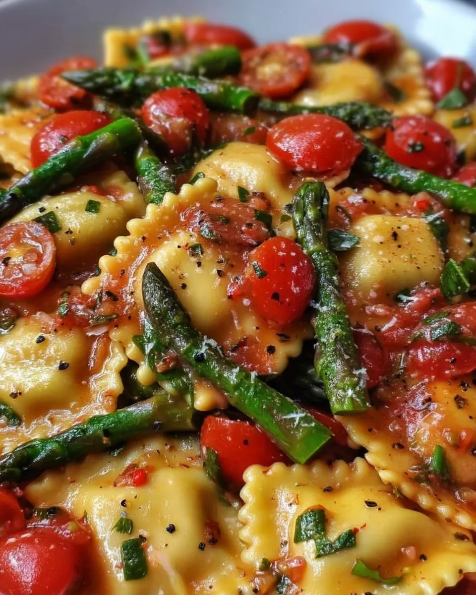 Close-up of cheese ravioli tossed with blistered cherry tomatoes, tender asparagus, fresh herbs, and garlic in a light olive oil sauce.