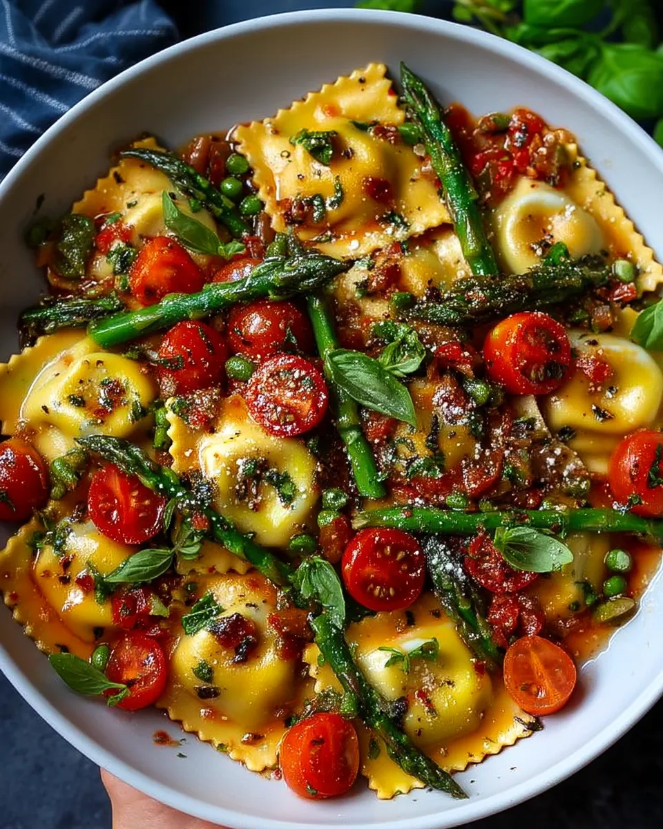Close-up of cheese ravioli tossed with blistered cherry tomatoes, tender asparagus, fresh herbs, and garlic in a light olive oil sauce.