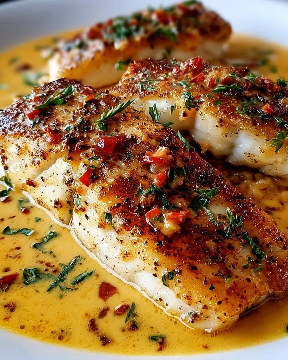Red snapper fillet topped with creamy Creole sauce and garnished with herbs