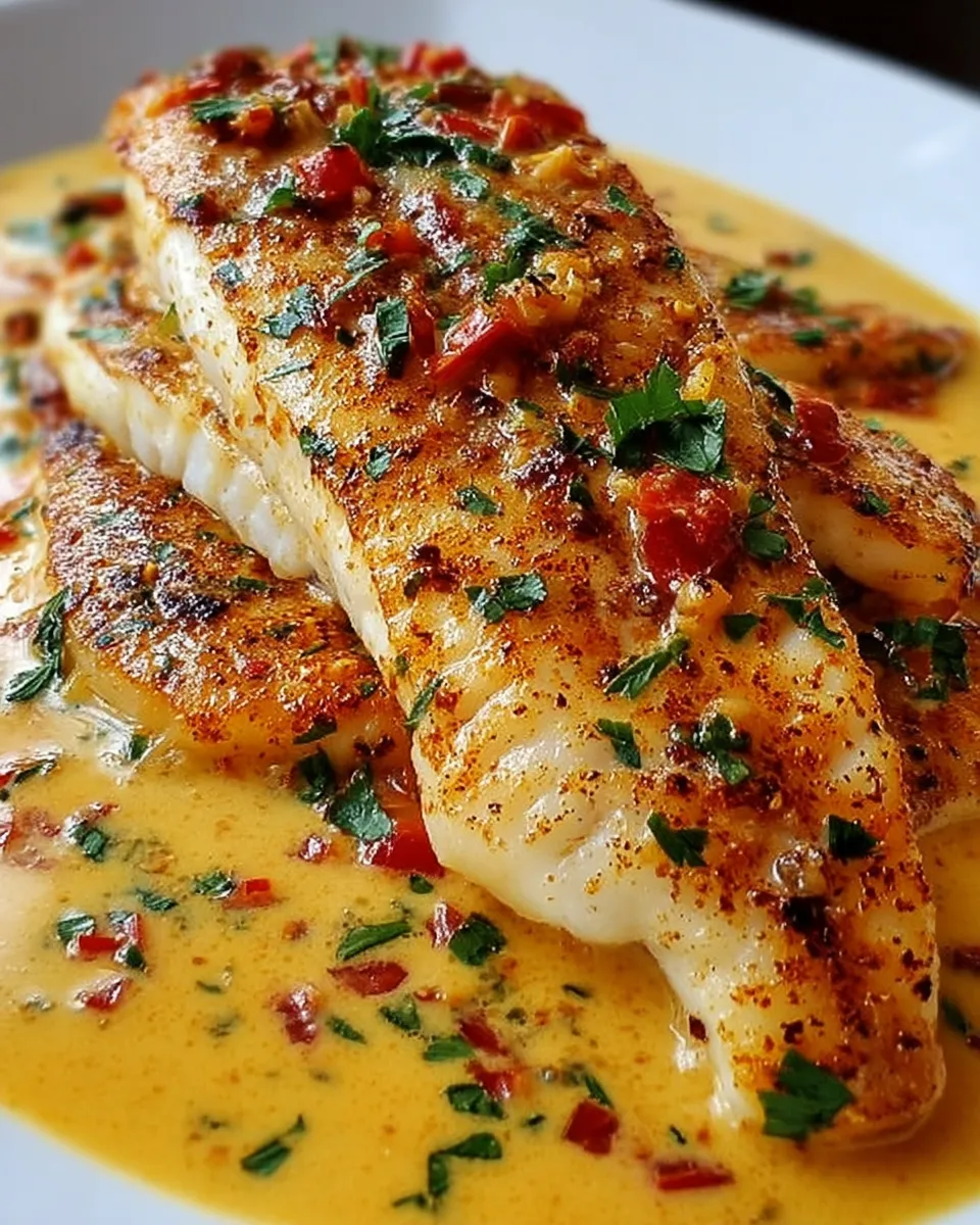 Red snapper fillet topped with creamy Creole sauce and garnished with herbs