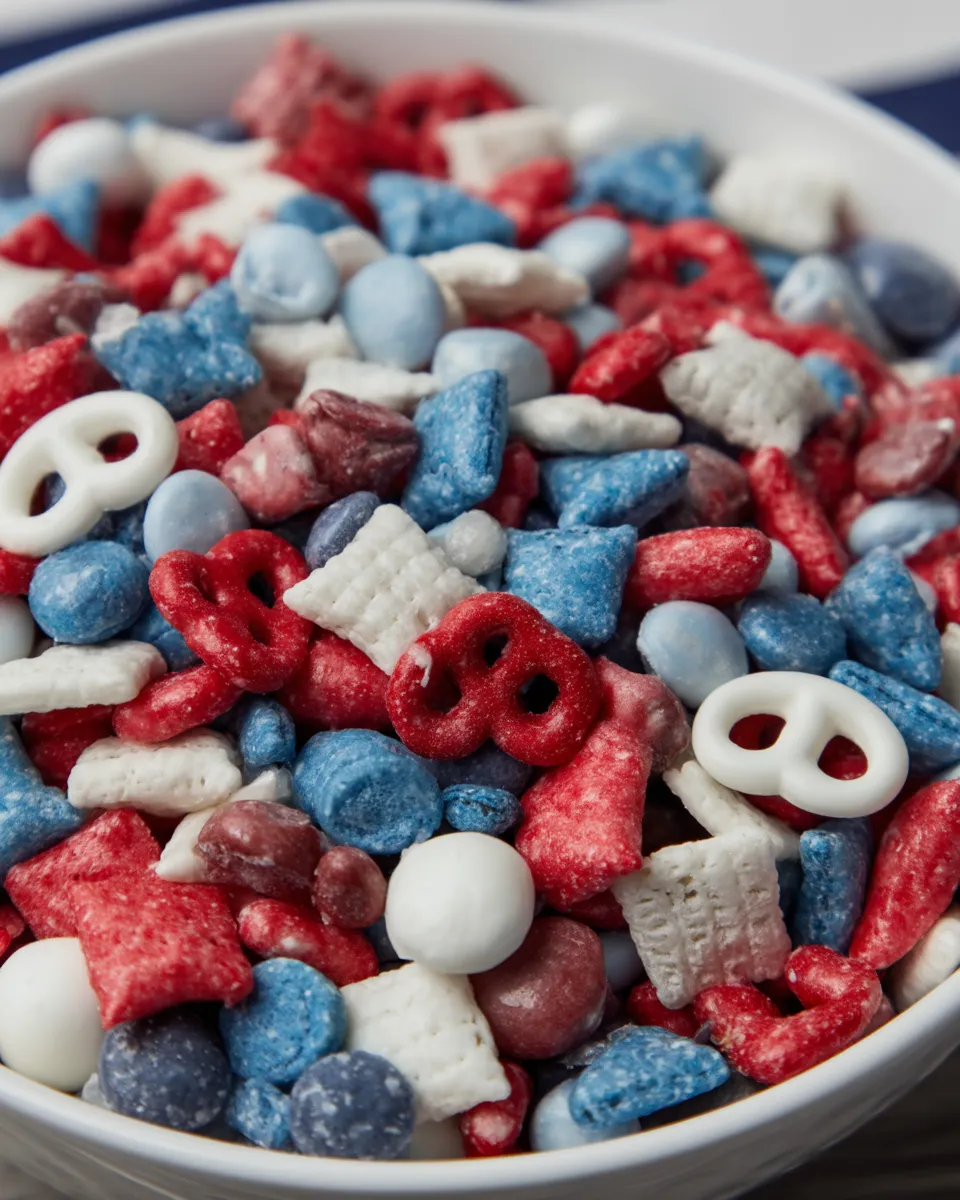 Red, white, and blue snack mix with pretzels, popcorn, candy, and patriotic sprinkles
