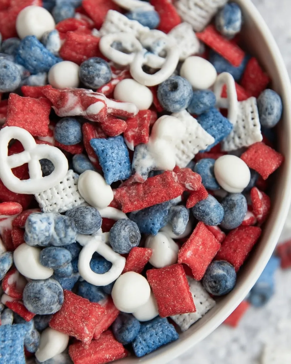 Red, white, and blue snack mix with pretzels, popcorn, candy, and patriotic sprinkles