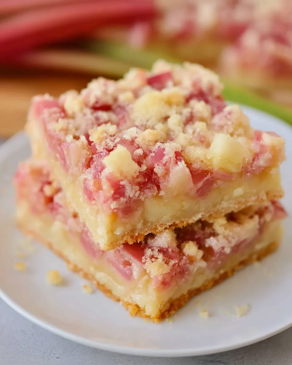 Rhubarb Dream Bars with a golden shortbread crust, creamy rhubarb filling, and a lightly crisp top, cut into squares and served on a white plate.