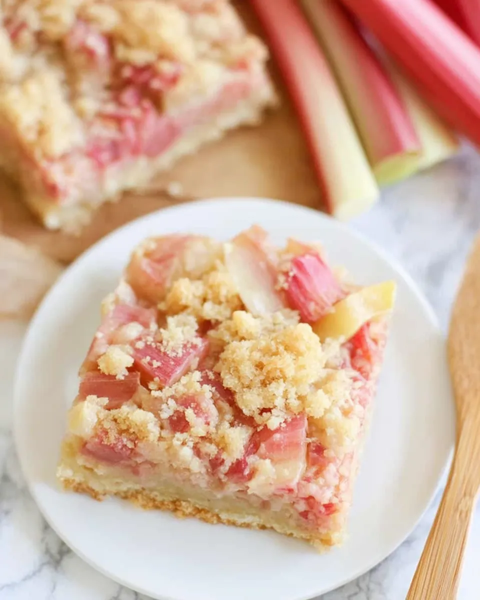 Rhubarb Dream Bars with a golden shortbread crust, creamy rhubarb filling, and a lightly crisp top, cut into squares and served on a white plate.