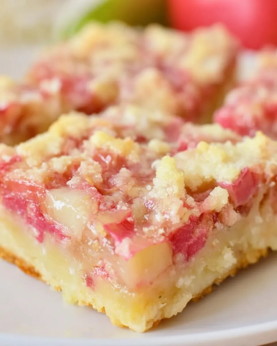 Rhubarb Dream Bars with a golden shortbread crust, creamy rhubarb filling, and a lightly crisp top, cut into squares and served on a white plate.