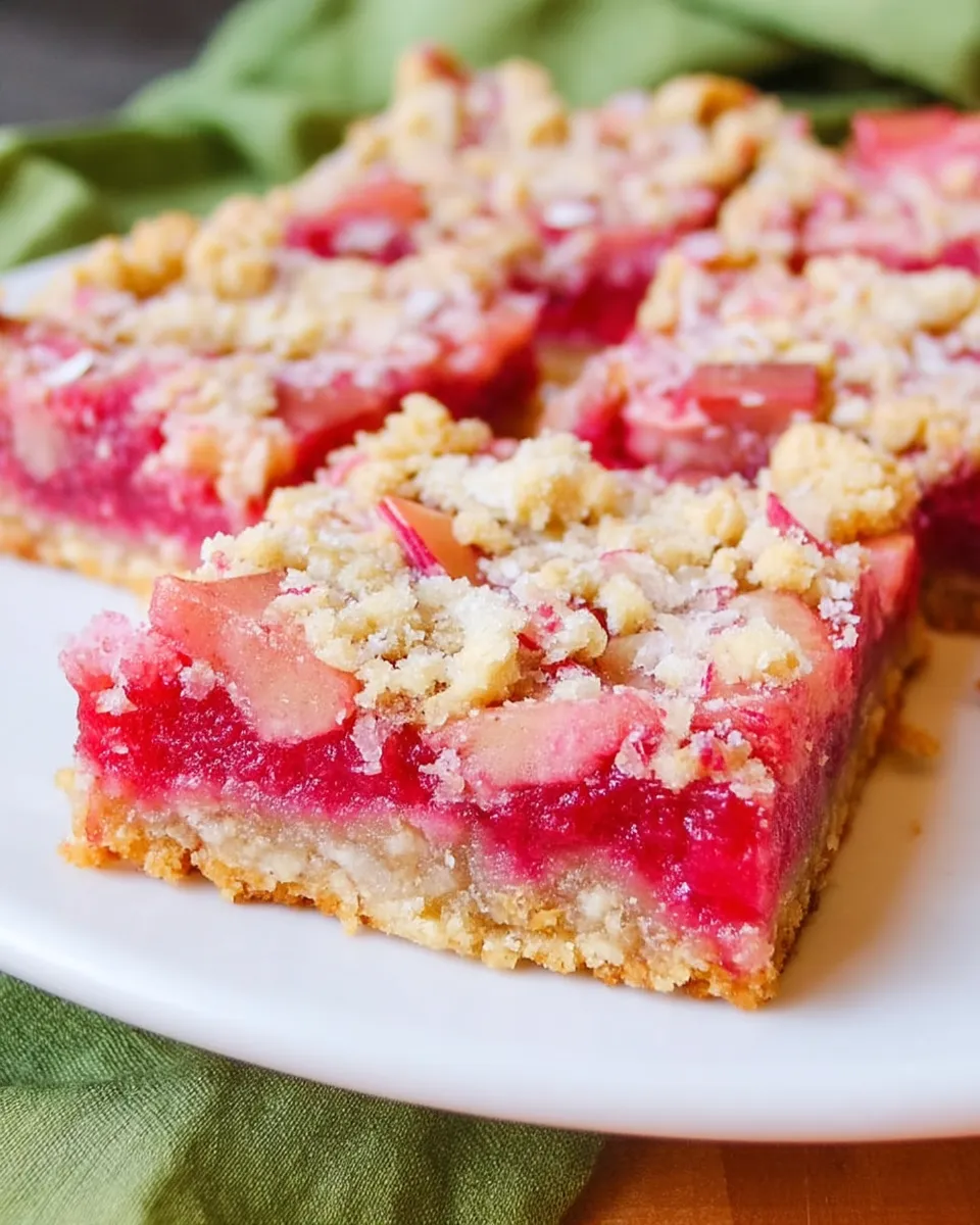 Homemade Rhubarb Oat Bars with golden buttery crust, tangy rhubarb filling, and oat crumble topping, served on a rustic wooden board.
