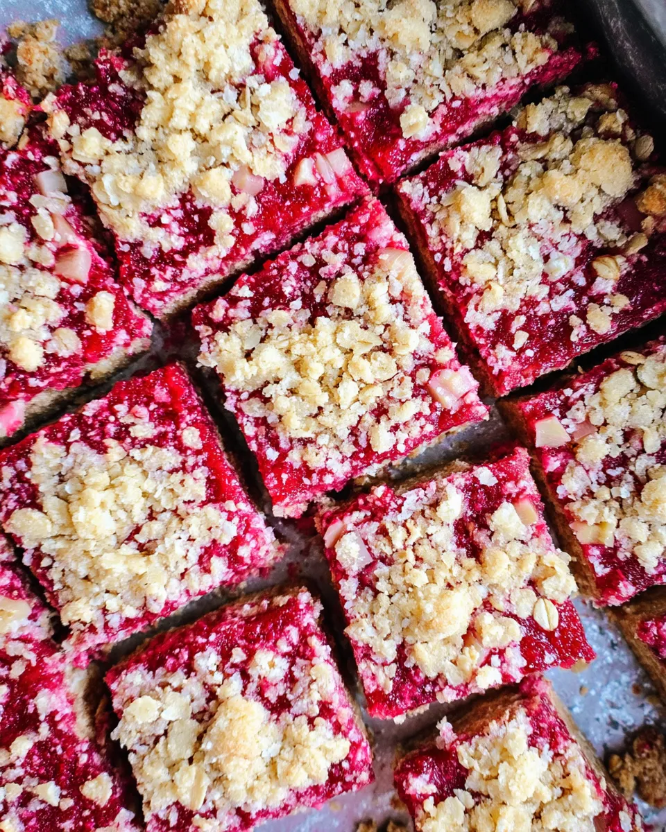 Homemade Rhubarb Oat Bars with golden buttery crust, tangy rhubarb filling, and oat crumble topping, served on a rustic wooden board.