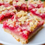 Homemade Rhubarb Oat Bars with golden buttery crust, tangy rhubarb filling, and oat crumble topping, served on a rustic wooden board.