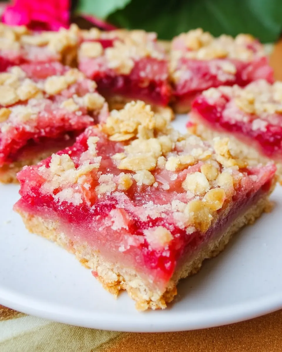 Homemade Rhubarb Oat Bars with golden buttery crust, tangy rhubarb filling, and oat crumble topping, served on a rustic wooden board.